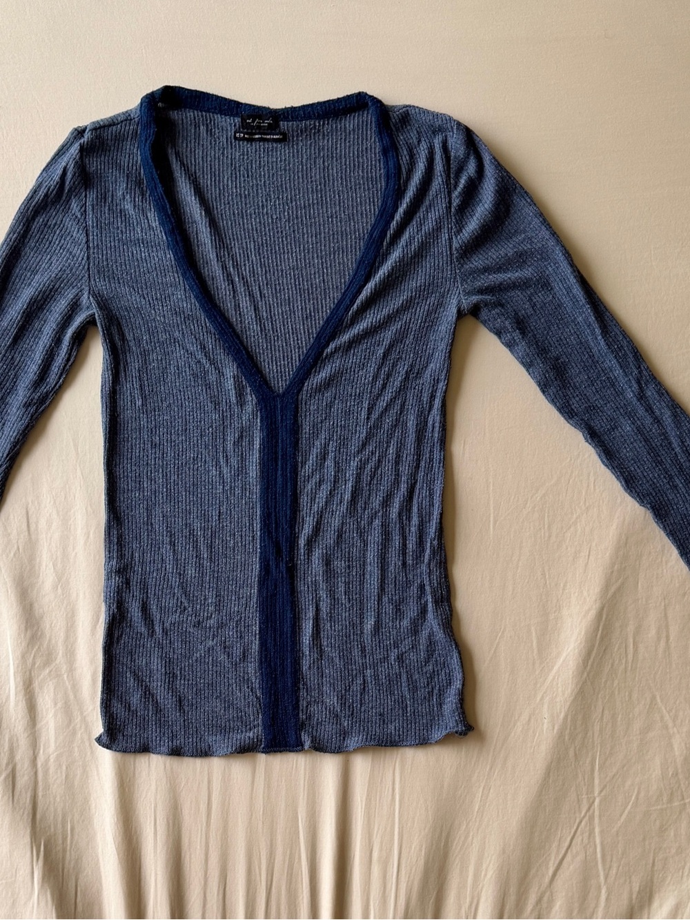 Urban Outfitters Navy Ribbed V-Neck Knit Top with Contrast Trim
